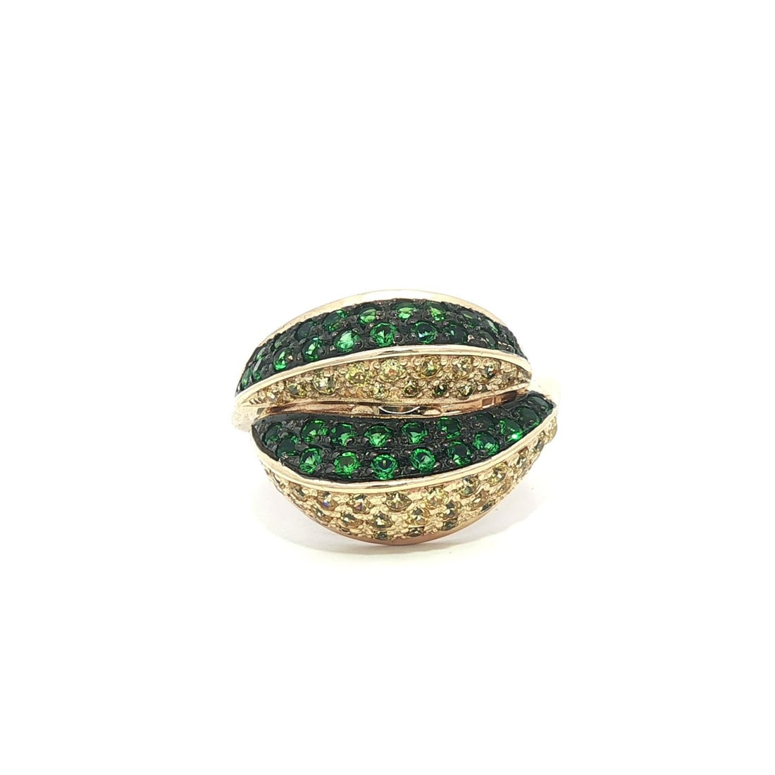14k Yellow Gold Wavy Cocktail Ring with Yellow and Green Pave Stones: 14k Yellow Gold Wavy Cocktail Ring with Yellow and Green Pave Stones This stunning cocktail ring features a wavy design crafted from solid 14k yellow gold, showcasing numerous round brilliant cut yell