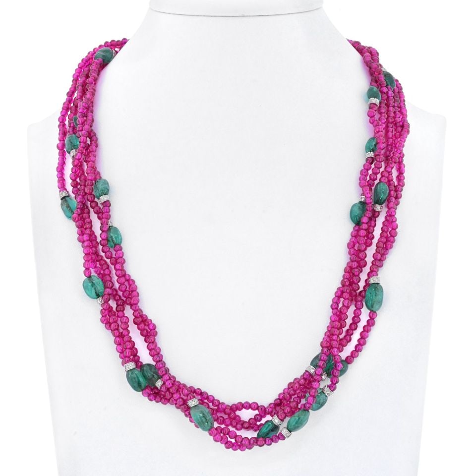 David Webb 18K White Gold 5 Strand Ruby Sapphire Necklace: David Webb 18K White Gold 5 Strand Ruby Sapphire Necklace Explore the elegance of this exquisite five-strand necklace by David Webb, crafted from luxurious 18K white gold. This stunning piece features