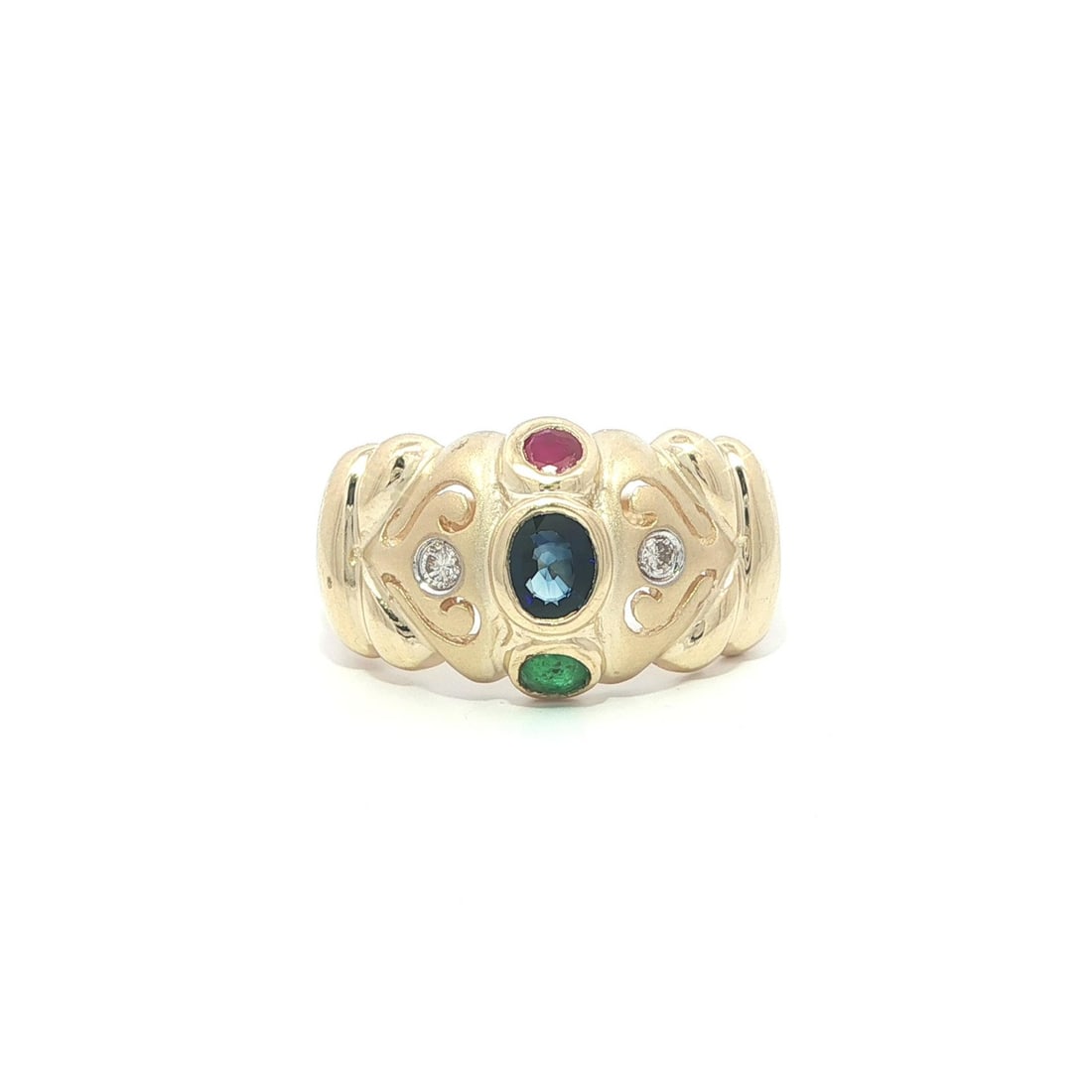 Matte 14k Yellow Gold Band Ring with Sapphire Emerald Ruby and Diamond Accents: Matte 14k Yellow Gold Band Ring with Sapphire Emerald Ruby and Diamond Accents This women's band ring features a natural oval-cut sapphire in deep blue, complemented by a round brilliant-cut emerald i