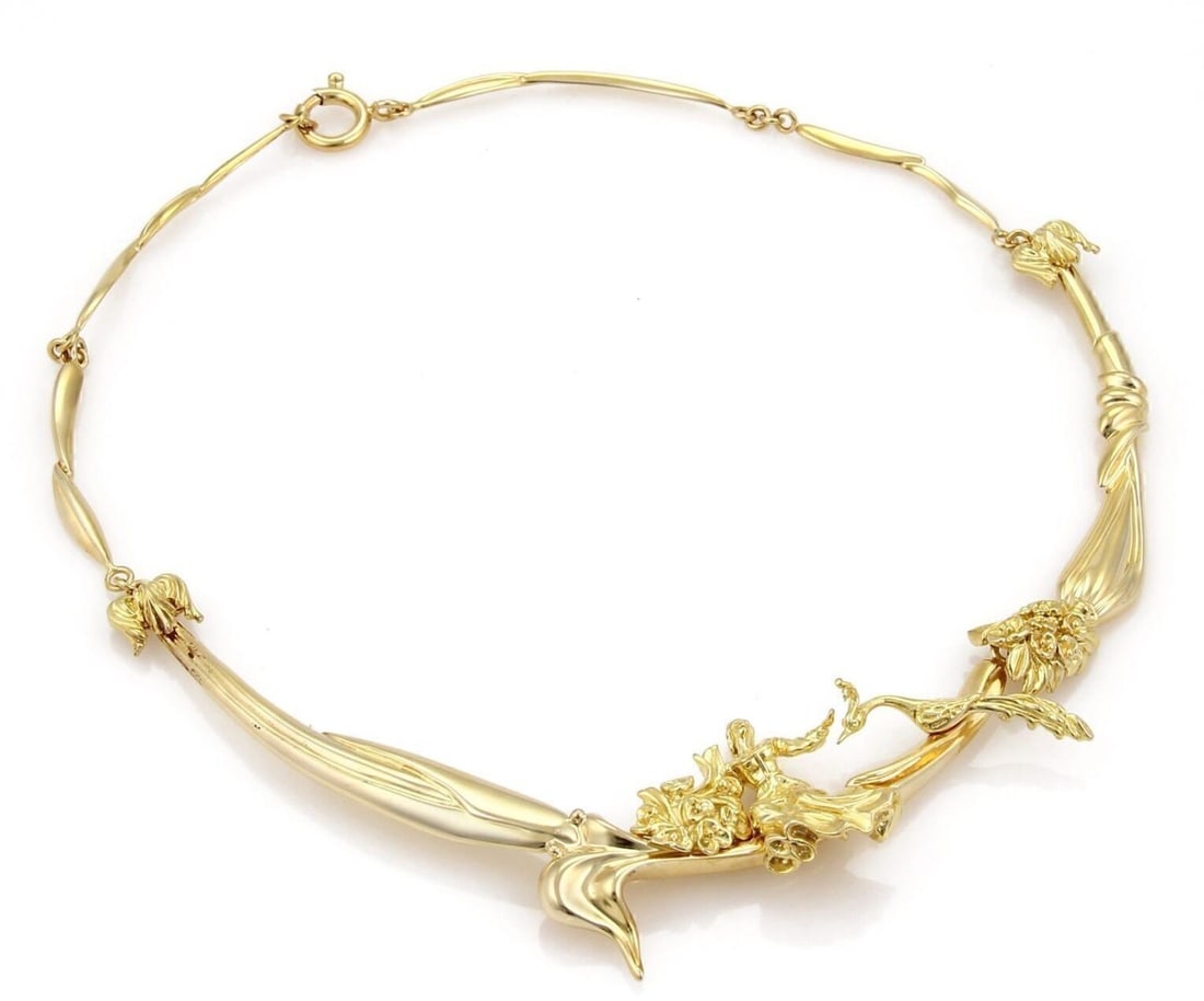 Vintage 14k Yellow Gold Choker Necklace with Woman and Peacock Motif (1 of 6)