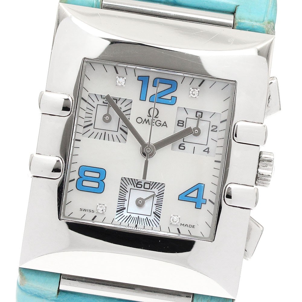 OMEGA Constellation Quadra Quartz Ladies Chronograph Watch: OMEGA Constellation Quadra Quartz Ladies Chronograph Watch This OMEGA Constellation Quadra ladies wristwatch features a stainless steel case with a white mother-of-pearl dial and a leather strap. Powe