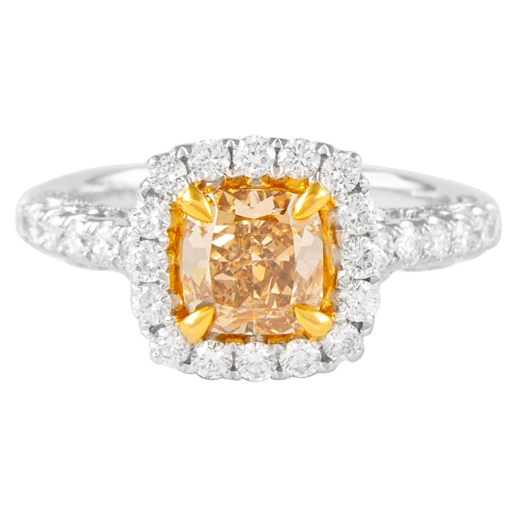 1.78ct Fancy Yellowish Brown Diamond Halo Ring EGL Certified: 1.78ct Fancy Yellowish Brown Diamond Halo Ring EGL Certified This exquisite 1.78ctt Fancy Yellowish Brown Cushion VVS2 Diamond Ring is a captivating example of contemporary jewelry design. Crafted in 
