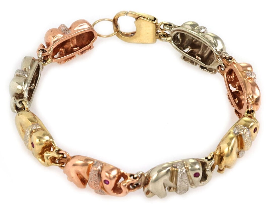 Vintage Unbranded Tri Color Gold Elephant Link Bracelet with Ruby Accents (1 of 7)