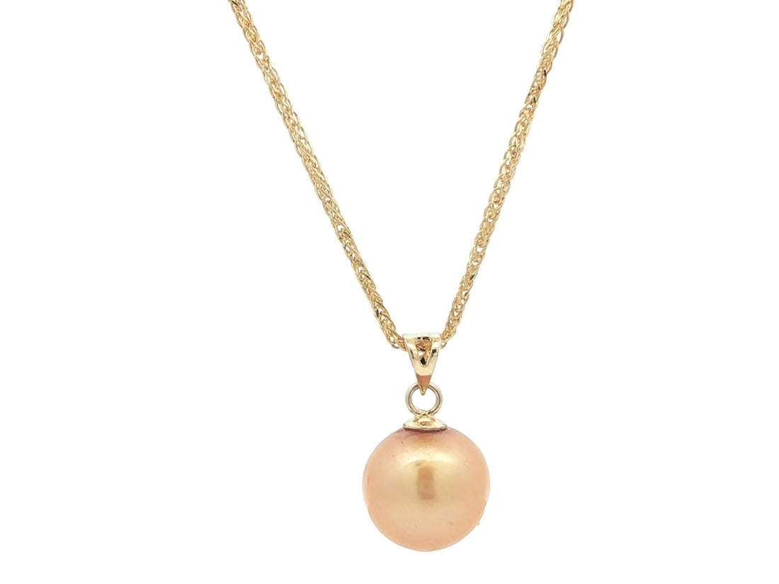 Golden Pearl Pendant on 18 Inch Wheat Link 14k Yellow Gold Chain: Golden Pearl Pendant on 18 Inch Wheat Link 14k Yellow Gold Chain This elegant necklace features a genuine cultured golden pearl pendant set in solid 14k yellow gold. The round bead-shaped pearl is app