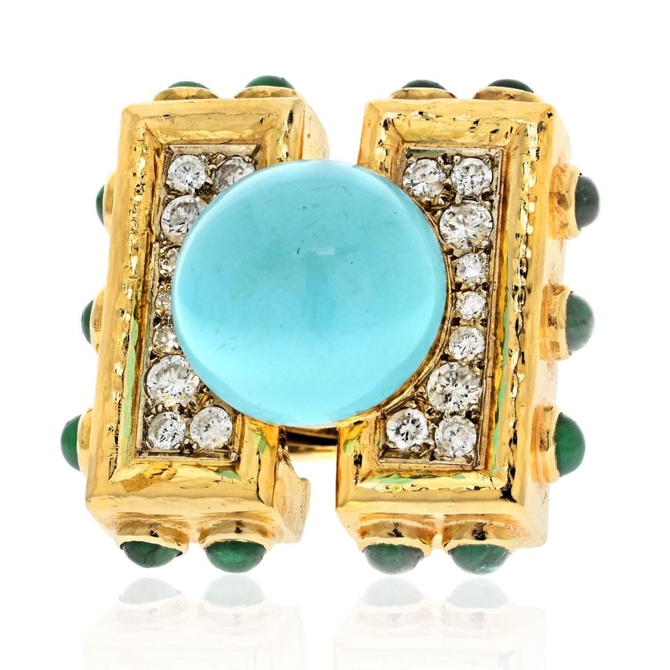 David Webb Vintage Oversized Ring Platinum 18K Gold Turquoise Emerald Diamond: David Webb Vintage Oversized Ring Platinum 18K Gold Turquoise Emerald Diamond This exquisite David Webb oversized cocktail ring is a true statement piece, expertly crafted from platinum and 18K yellow