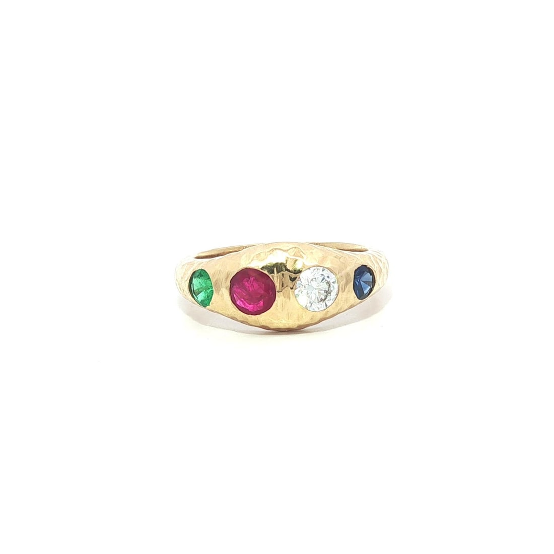Elegant 18k Gold Hammered Band Ring with Emerald Ruby Sapphire Diamond: Elegant 18k Gold Hammered Band Ring with Emerald Ruby Sapphire Diamond This exquisite 18k yellow gold band ring features a stunning combination of natural gemstones, including emeralds, rubies, sapphi