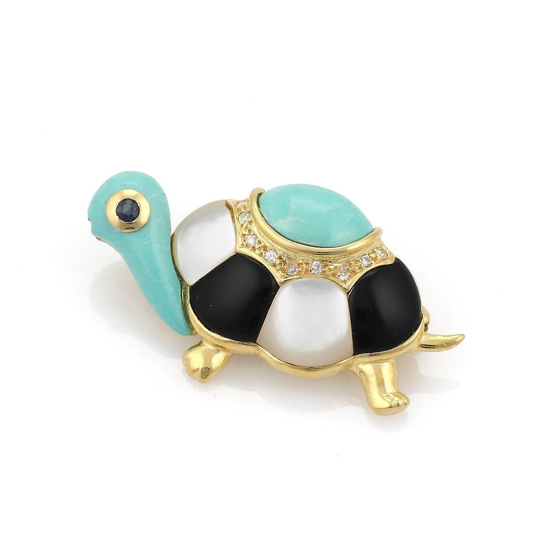 18k Yellow Gold Turtle Brooch with Diamond Sapphire and Gem Inlay: 18k Yellow Gold Turtle Brooch with Diamond Sapphire and Gem Inlay This charming brooch is designed in the shape of a turtle, expertly crafted from 18k yellow gold with a polished finish. It features a