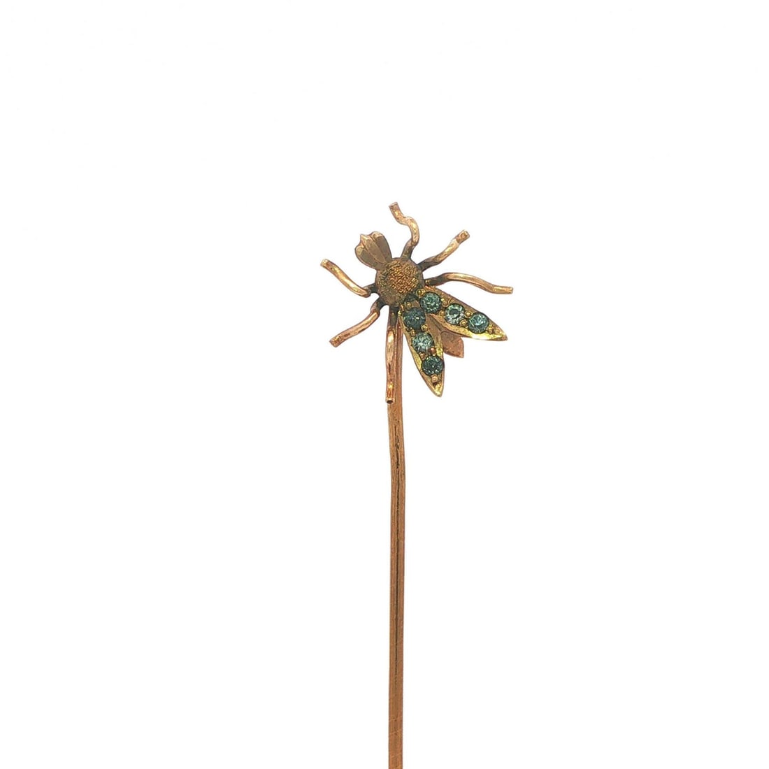 Victorian 10k Yellow Gold Fly Stick Pin with Clear Gray Glass: Victorian 10k Yellow Gold Fly Stick Pin with Clear Gray Glass This antique Victorian stick pin features a charming fly or insect motif crafted in solid 10k yellow gold. The top is adorned with six old