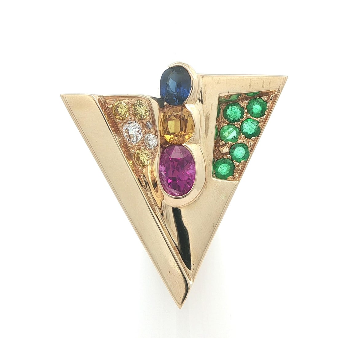 Modernist Enhancer Pendant in 14k Yellow Gold with Sapphire Emerald Diamond: Modernist Enhancer Pendant in 14k Yellow Gold with Sapphire Emerald Diamond This modernist enhancer pendant is crafted from solid 14k yellow gold and features an eye-catching triangle design. The pend