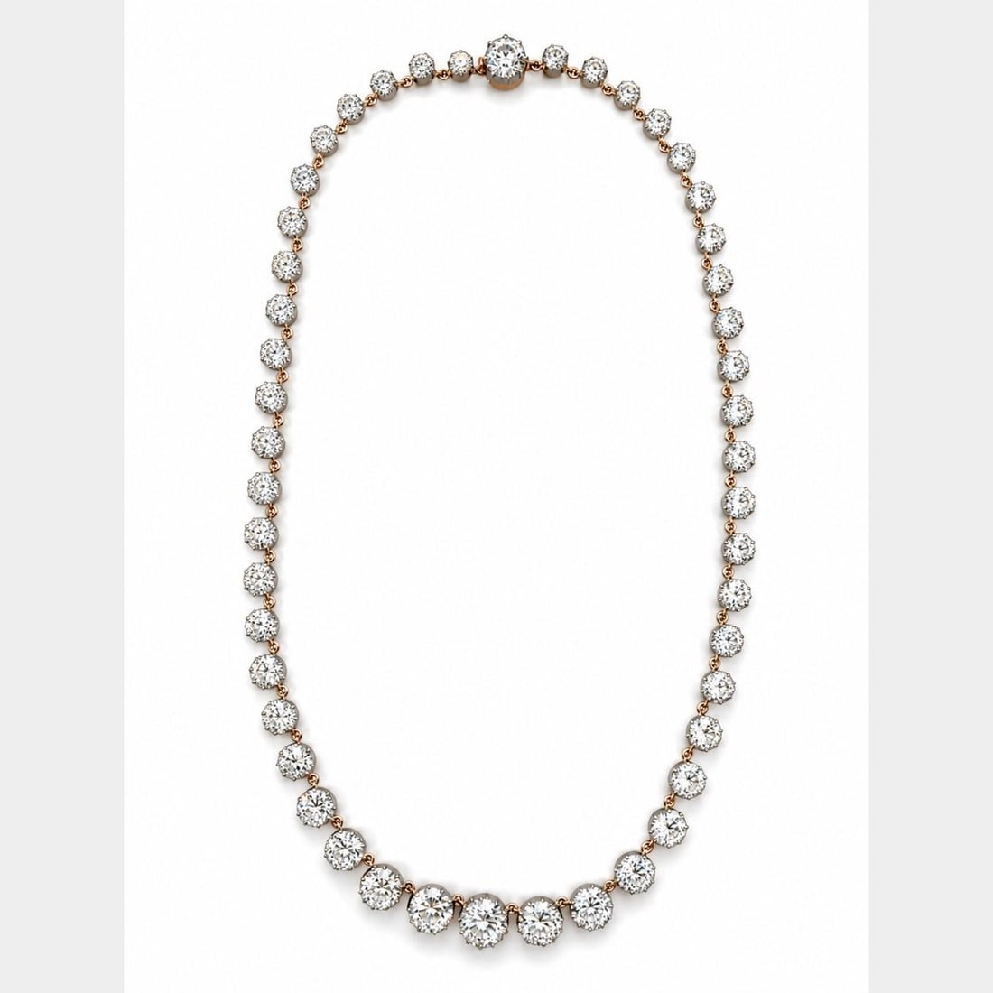 Diamond Necklace in Platinum and 18K Rose Gold 51.45 Ct: Diamond Necklace in Platinum and 18K Rose Gold 51.45 Ct This elegant necklace features a combination of platinum and 18K rose gold, set with 50 European-cut diamonds totaling approximately 51.45 carat