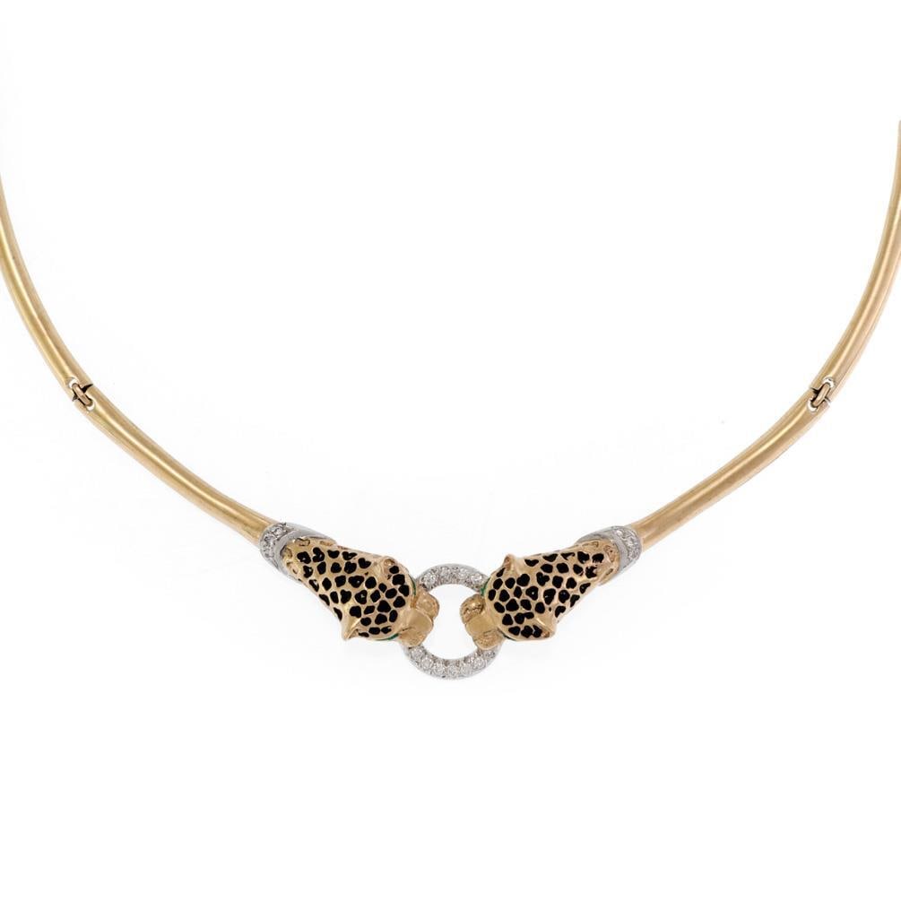 Vintage 14k Gold Panther Head Necklace with Diamonds and Enamel: Vintage 14k Gold Panther Head Necklace with Diamonds and Enamel This exquisite vintage collar necklace is expertly crafted from 14k yellow gold, featuring elongated half tube curved links linked by a 