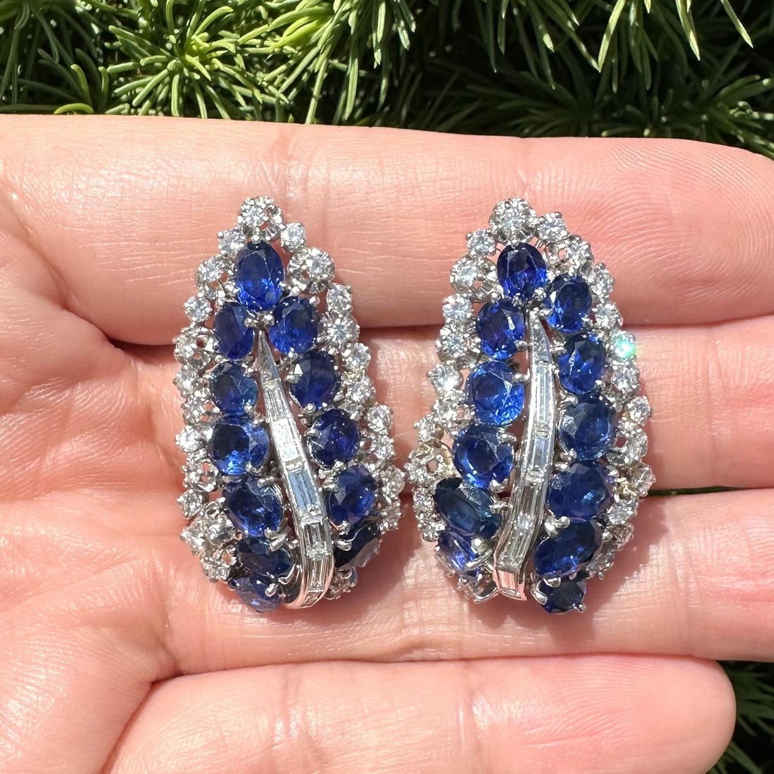 GIA No Heat Sapphire Diamond Leaf Climber Earrings Platinum: GIA No Heat Sapphire Diamond Leaf Climber Earrings Platinum These vintage earrings feature a striking leaf climber design set with natural, no-heat royal blue sapphires from Cambodia and brilliant whi