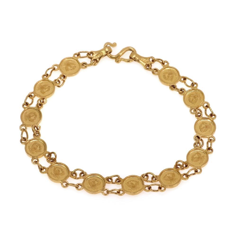24k Yellow Gold Bracelet with 12 Queen's Head Mini Coins: 24k Yellow Gold Bracelet with 12 Queen's Head Mini Coins This exquisite bracelet is crafted from luxurious 24k yellow gold and features 12 beautifully detailed mini coins, each depicting the iconic ea