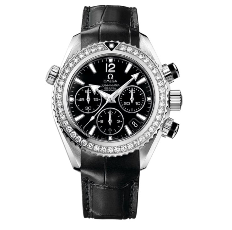 Omega Planet Ocean 600M Black Dial Leather Band Card: Omega Planet Ocean 600M Black Dial Leather Band Card This Omega Planet Ocean 600M watch features a striking black dial complemented by a factory diamond bezel, adding a touch of luxury to its robust d