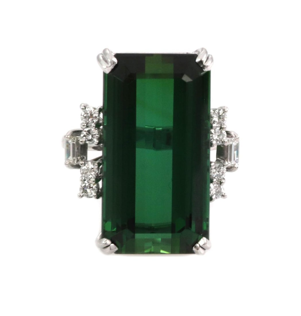 H.Stern 18k White Gold Emerald Cut Tourmaline Diamond Cocktail Ring: H.Stern 18k White Gold Emerald Cut Tourmaline Diamond Cocktail Ring This exquisite cocktail ring by H.Stern showcases a stunning emerald cut green tourmaline, measuring approximately 23.5mm long by 12