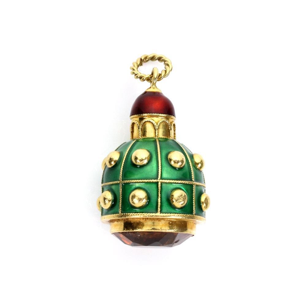 Estate 18k Yellow Gold Madeira Citrine Enamel Fob Pendant Charm: Estate 18k Yellow Gold Madeira Citrine Enamel Fob Pendant Charm This stunning Estate fob pendant is expertly crafted from 18k yellow gold, showcasing a polished finish. It features a unique tower dome