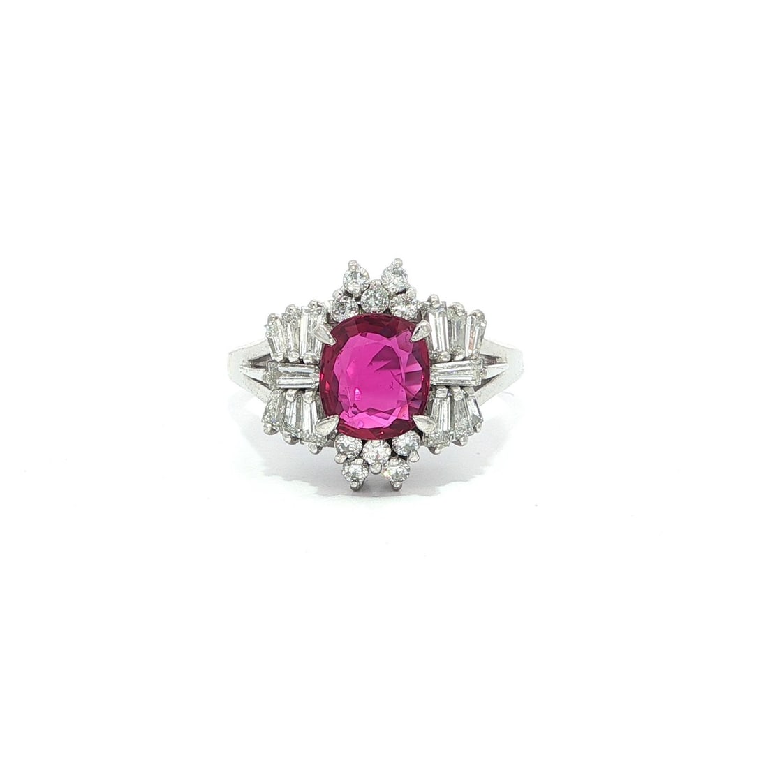 Platinum GIA 1.86ctw No Heat Ruby Diamond Cocktail Ring: Platinum GIA 1.86ctw No Heat Ruby Diamond Cocktail Ring This exquisite platinum ring showcases a stunning natural ruby at its center, featuring a cushion brilliant cut. The ruby is prong set, clean, a