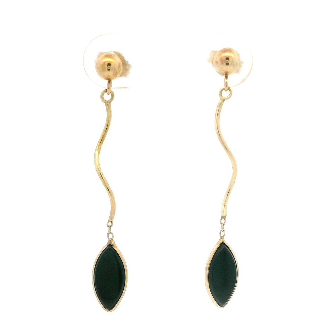 Estate 14K Yellow Gold Black Onyx Spiral Dangle Earrings: Estate 14K Yellow Gold Black Onyx Spiral Dangle Earrings These elegant petite earrings feature a polished spiral design crafted from solid 14k yellow gold. Each earring showcases a natural black onyx 