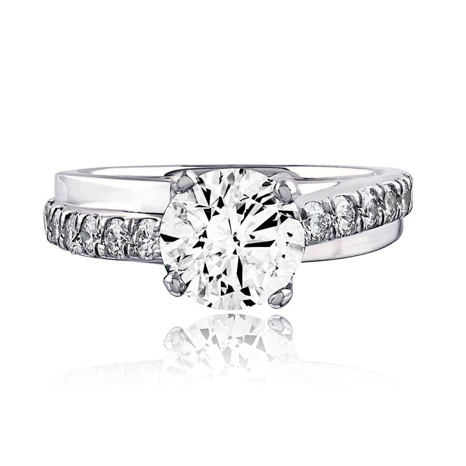 Platinum Engagement Ring with 1.87ct GIA Round Brilliant Diamond: Platinum Engagement Ring with 1.87ct GIA Round Brilliant Diamond Pre-owned diamond engagement ring featuring a 1.87 ct round brilliant cut natural center diamond with J color and I1 clarity. The ring 