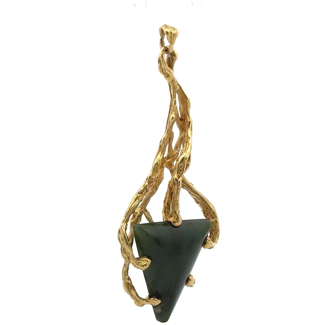 Vintage 18k Yellow Gold Triangular Nephrite Jade Pendant: Vintage 18k Yellow Gold Triangular Nephrite Jade Pendant This striking vintage pendant features a large freeform triangular nephrite jade stone beautifully set in solid 18k yellow gold. The natural ja