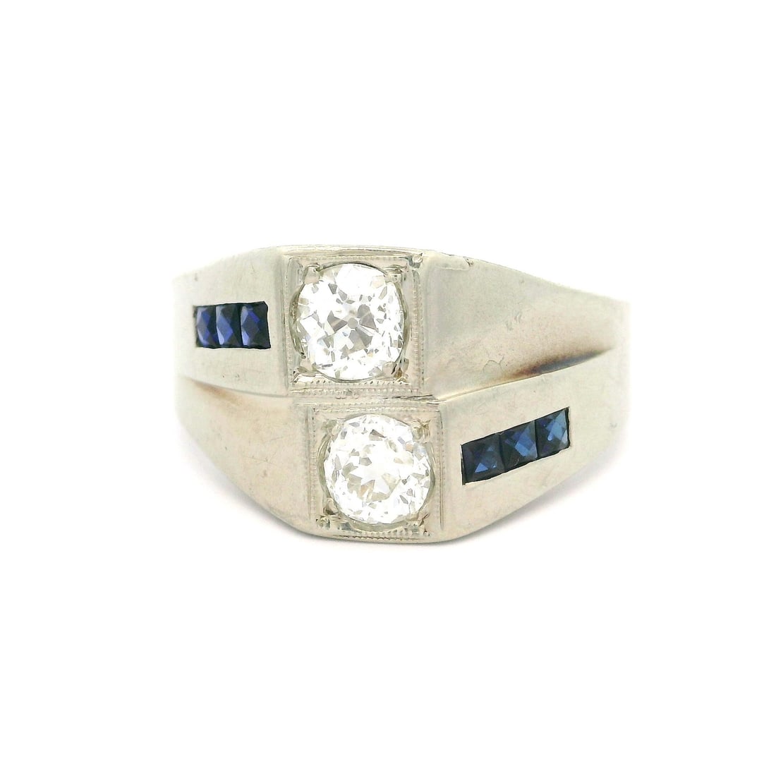 Antique Art Deco 20k White Gold Sapphire Diamond Band Ring: Antique Art Deco 20k White Gold Sapphire Diamond Band Ring This exquisite Antique Art Deco wide band ring features a stunning combination of natural gemstones set in solid white gold. The ring showcas
