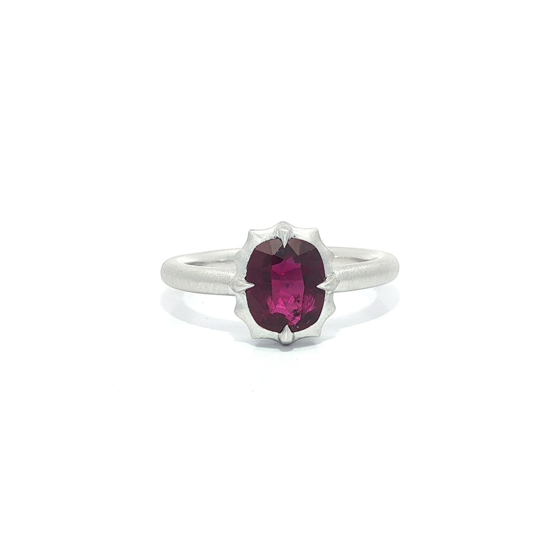 GIA Certified 1.66ct No Heat Cushion Ruby Platinum Solitaire Ring: GIA Certified 1.66ct No Heat Cushion Ruby Platinum Solitaire Ring Introducing a stunning Platinum GIA Cushion Ruby Solitaire Ring, showcasing a remarkable 1.66 ct natural ruby with a deep purplish red