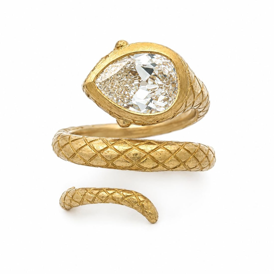 GIA Certified 18k Yellow Gold Serpent Wrap Ring 1.97ct Pear Diamond: GIA Certified 18k Yellow Gold Serpent Wrap Ring 1.97ct Pear Diamond This handmade cocktail ring features a natural, old pear cut diamond weighing 1.97 carats, graded J color and VS2 clarity by GIA. Th