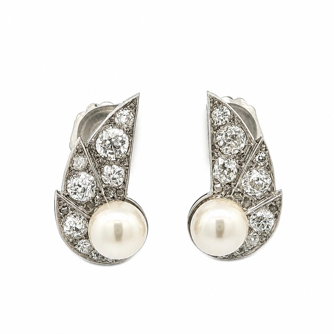 GIA Pearl and Old Mine Diamond Art Deco Fan Earrings: GIA Pearl and Old Mine Diamond Art Deco Fan Earrings These antique Art Deco fan earrings feature two certified 7.4mm genuine cultured saltwater pearls (Akoya, light cream with pink and green overtones