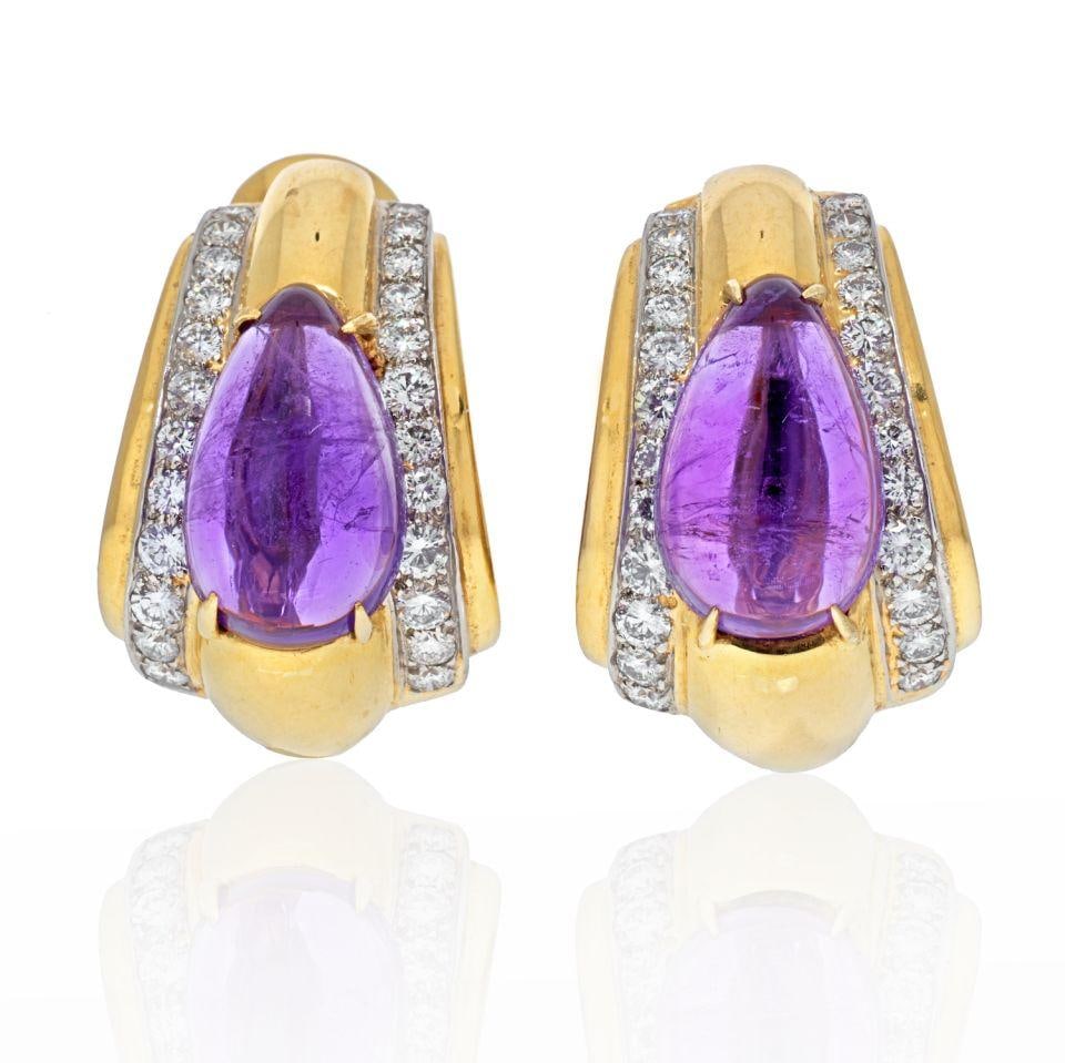 David Webb 1970s Platinum 18K Yellow Gold Amethyst Teardrop Earrings: David Webb 1970s Platinum 18K Yellow Gold Amethyst Teardrop Earrings These exquisite earrings by David Webb, crafted in the 1970s, showcase a stunning blend of platinum and 18K yellow gold. The eye-ca