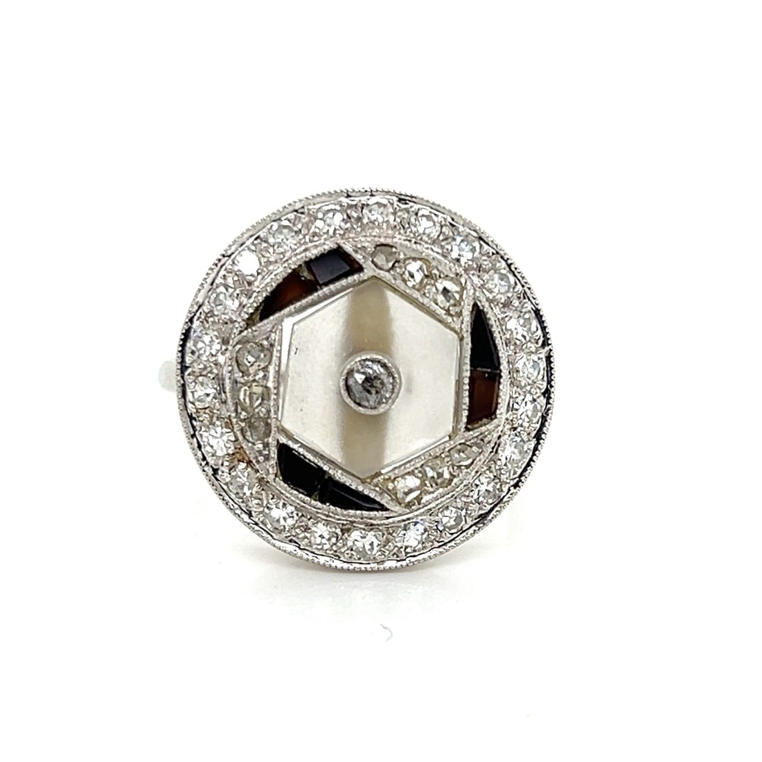Vintage Brogan 14k White Gold Ring with Onyx Camphor Glass Diamonds Size 6: Vintage Brogan 14k White Gold Ring with Onyx Camphor Glass Diamonds Size 6 This vintage ring is crafted in 14k white gold and features an onyx and camphor frosted glass design with a rose-cut diamond 