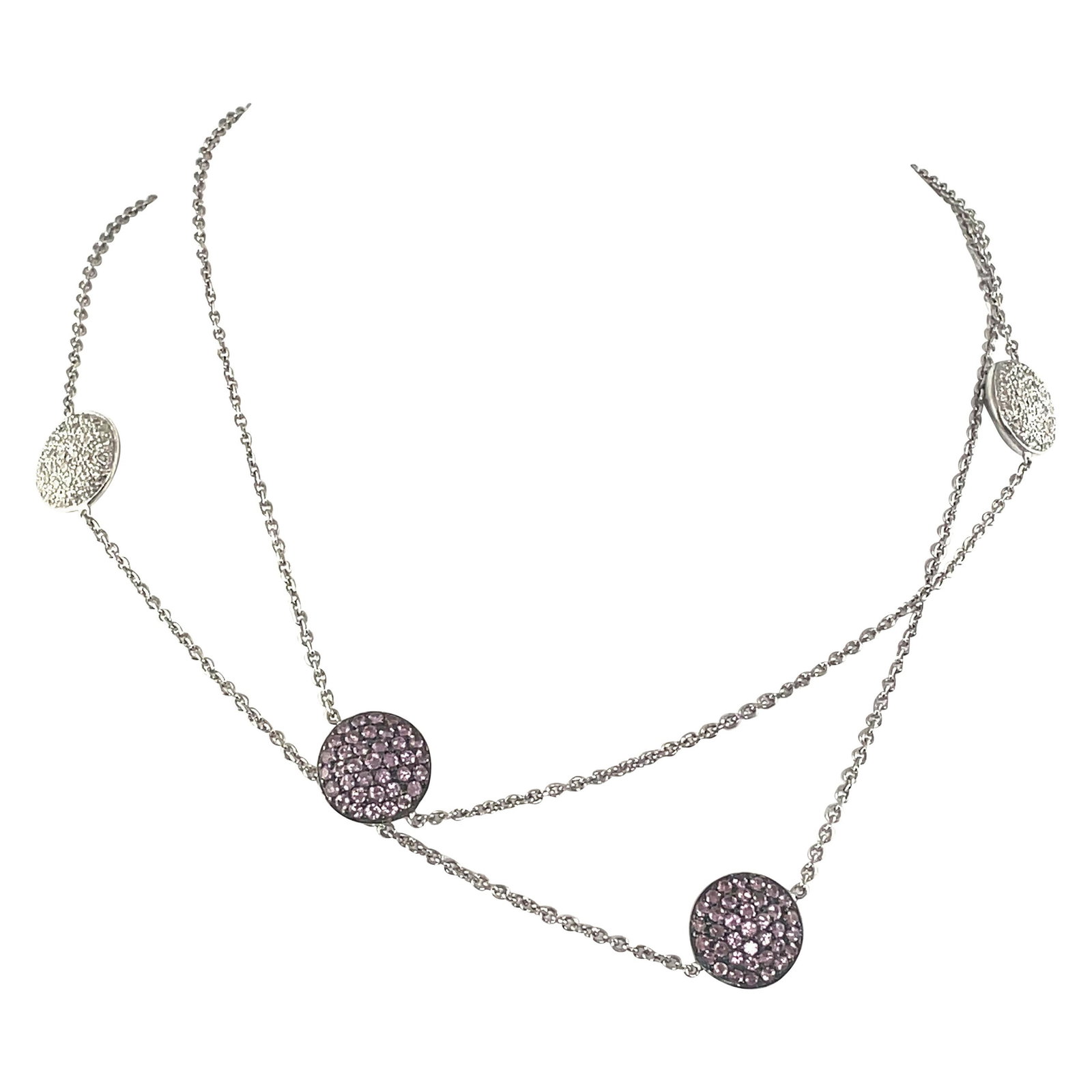 6.76ct Pink Sapphire Diamond Necklace 18k White Gold Black Rhodium: 6.76ct Pink Sapphire Diamond Necklace 18k White Gold Black Rhodium This stunning necklace features a captivating combination of pink sapphires and diamonds, elegantly set in a blend of 18k white gold 