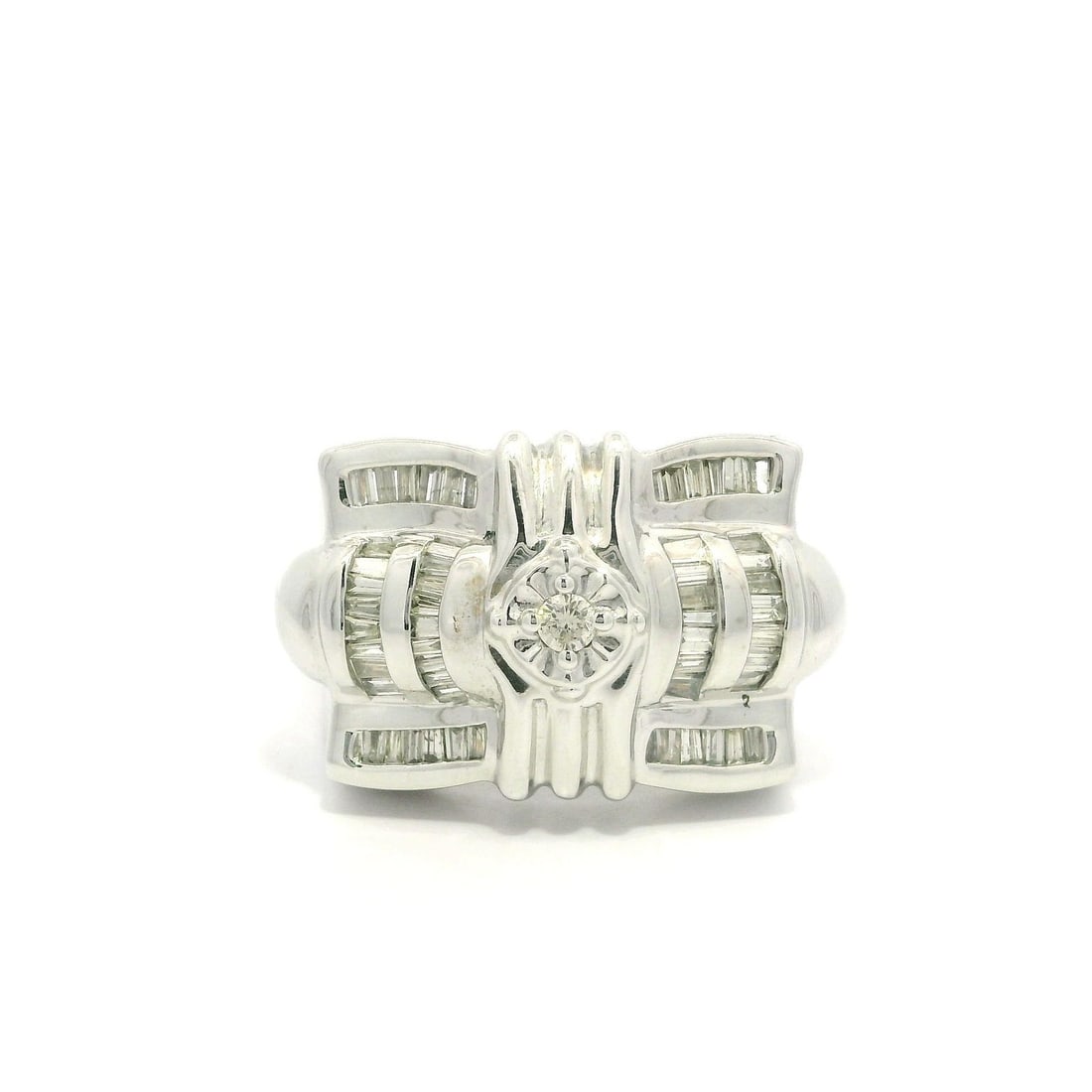 Men's 14k White Gold 1.14ctw Diamond Baguette Round Heavy Band Ring: Men's 14k White Gold 1.14ctw Diamond Baguette Round Heavy Band Ring This striking men's band ring is crafted from solid 14k white gold and features a stunning combination of baguette and round brillia