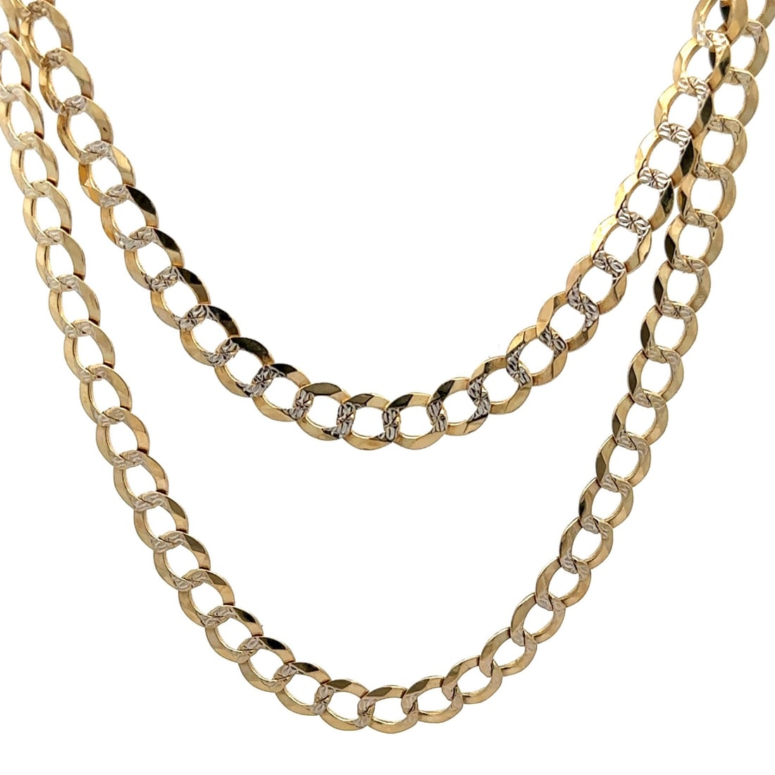 24 Inch 14k Yellow and White Gold Diamond Cut Cuban Link Chain Necklace: 24 Inch 14k Yellow and White Gold Diamond Cut Cuban Link Chain Necklace This unisex necklace features a solid 14k yellow gold Cuban curb link chain with white gold accents and a diamond-cut finish. Th