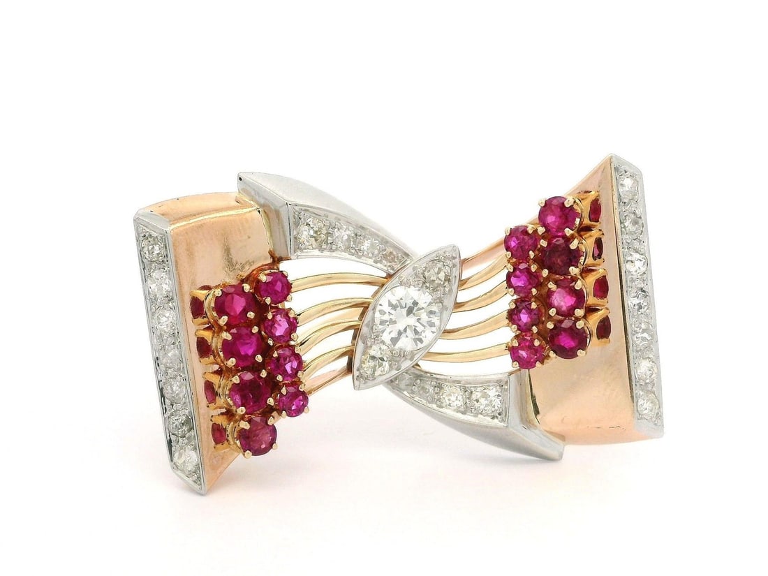 Vintage 14k Rose Gold Platinum 3.84ctw Diamond Ruby Bow Brooch: Vintage 14k Rose Gold Platinum 3.84ctw Diamond Ruby Bow Brooch This exquisite Vintage Retro Bow Ribbon Pin Brooch is crafted from solid 14k rose gold with a platinum top, showcasing a stunning arrange