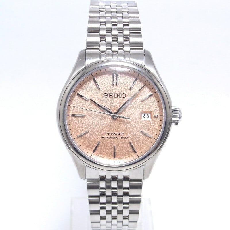Seiko Presage SARX125 Automatic Pink Dial Wristwatch: Seiko Presage SARX125 Automatic Pink Dial Wristwatch This Seiko Presage Classic Series SARX125 men's wristwatch features a stainless steel case and bracelet, with an automatic movement and a see-throu