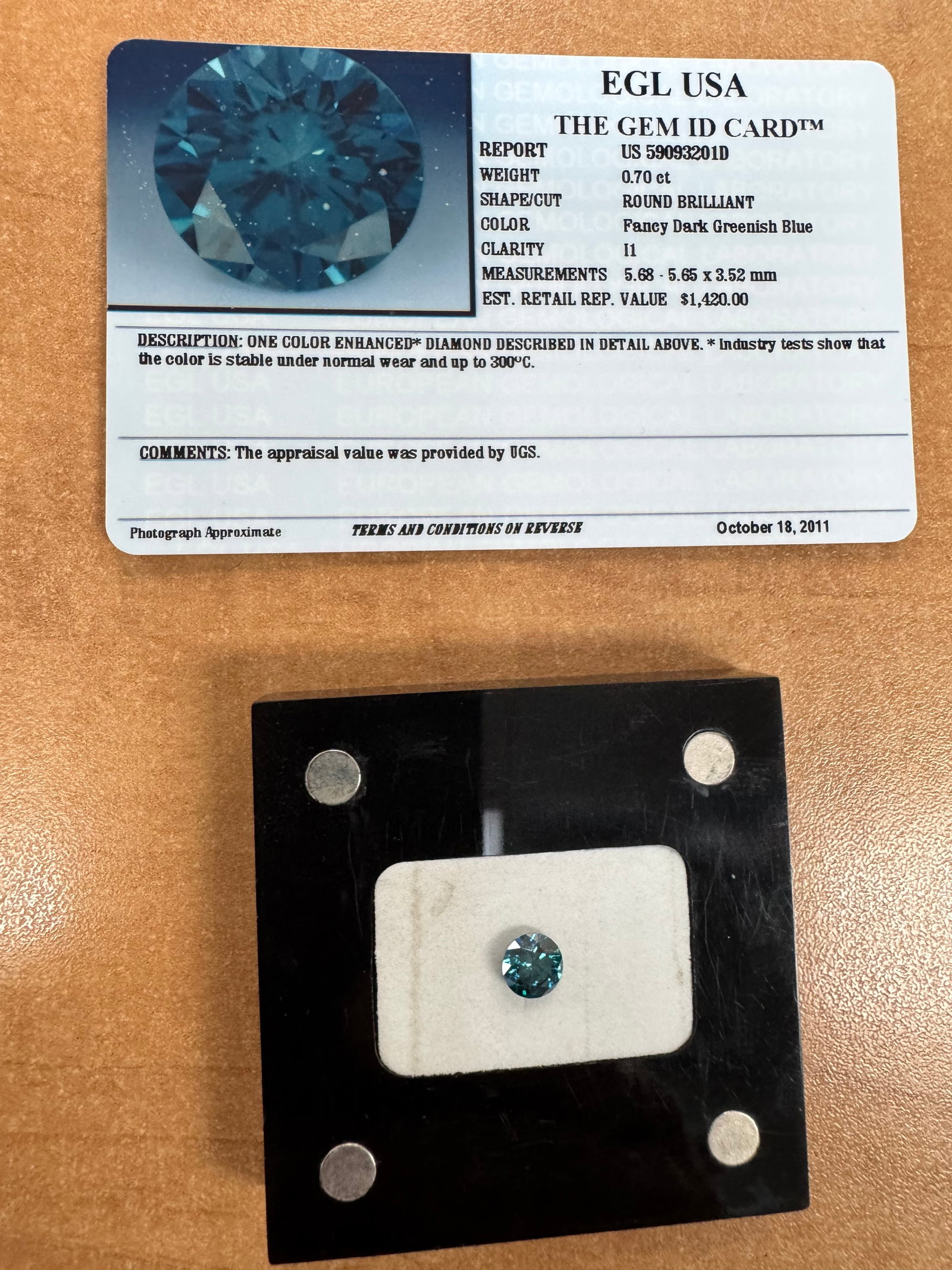 Loose Diamond - ROUND 0.7ct Fancy Blue I1: Loose Diamond - ROUND 0.7ct Fancy Blue I1 Source: Natural Shape: ROUND Carats: 0.7 Color: Fancy Blue Certification: EGL The Diamond Depot Guarantee: All items in this auction are guaranteed to be 100%