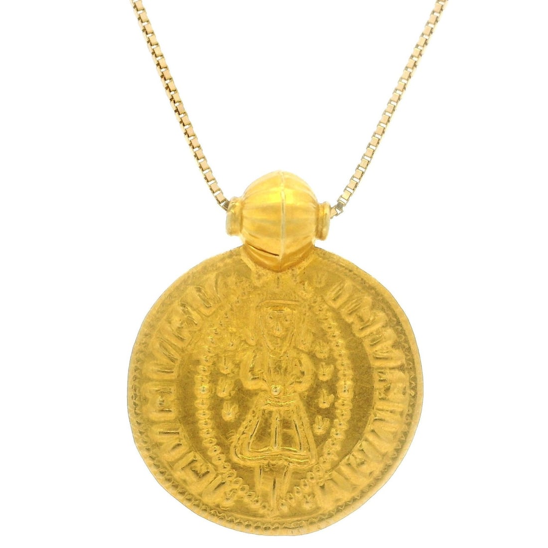 Dainty 18k Gold Medallion Necklace With Ancient Coin Pendant 15 Inch Box Chain: Dainty 18k Gold Medallion Necklace With Ancient Coin Pendant 15 Inch Box Chain This vintage necklace features a solid 18k yellow gold box chain with a dainty medallion slide pendant designed to resemb