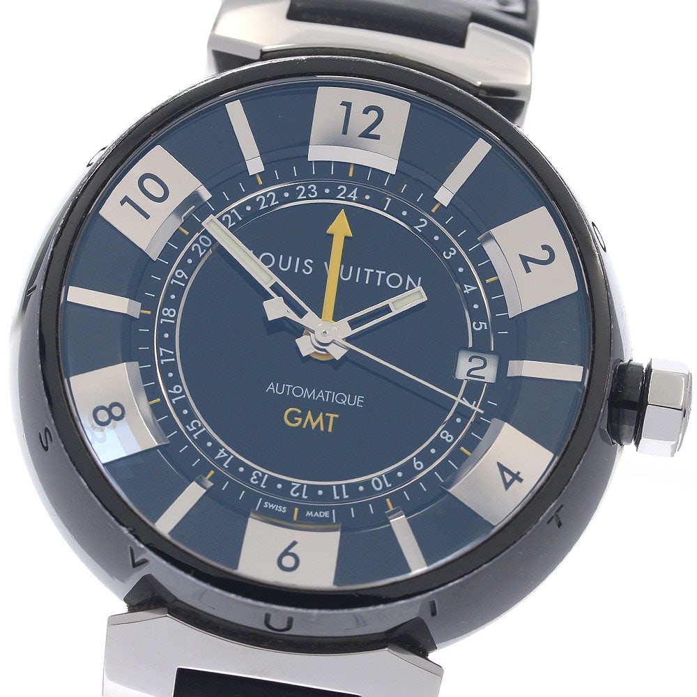 Louis Vuitton Tambour Black GMT Date Men's Wristwatch: Louis Vuitton Tambour Black GMT Date Men's Wristwatch This is a pre-owned Louis Vuitton Q113K Tambour GMT Date men's wristwatch. Crafted in Switzerland, this watch features a black dial and is designe