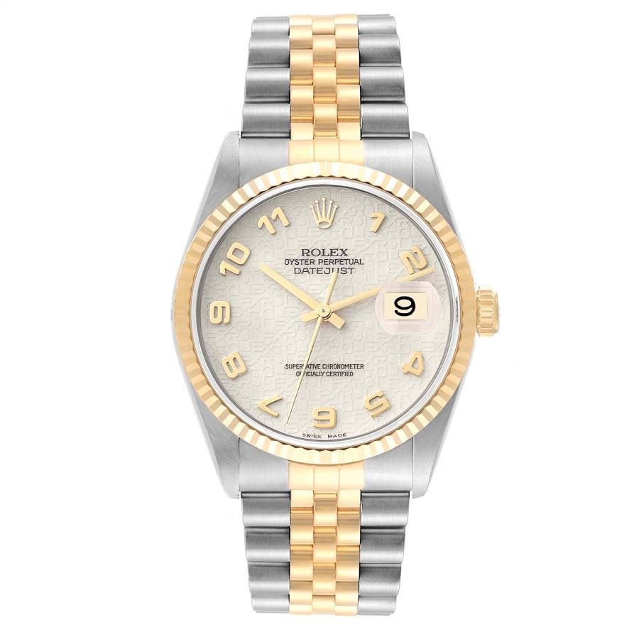 Rolex Datejust Ref 16233 Mens Watch Ivory Arabic Dial Jubilee Bracelet: Rolex Datejust Ref 16233 Mens Watch Ivory Arabic Dial Jubilee Bracelet This is a Rolex Datejust Ivory Anniversary model for men, featuring an Arabic numeral dial in an ivory tone. The watch comes with