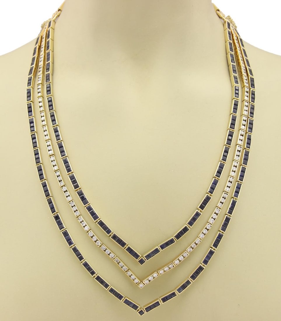 Elegant 54.60ct Diamond Sapphire 18k Yellow Gold 3 Row Necklace: Elegant 54.60ct Diamond Sapphire 18k Yellow Gold 3 Row Necklace This stunning estate necklace is crafted from 18k yellow gold with a polished finish, showcasing an elegant design. It features two open