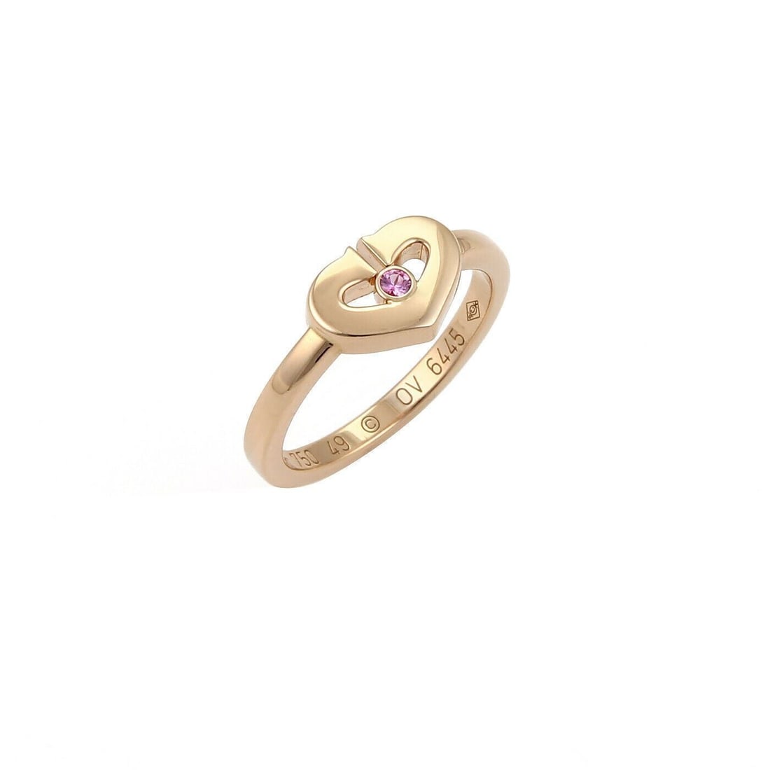 Cartier C Hearts 18k Rose Gold Pink Sapphire Ring Size 4.5 with Papers: Cartier C Hearts 18k Rose Gold Pink Sapphire Ring Size 4.5 with Papers This Cartier C Hearts Collection ring is crafted in 18k rose gold and set with a pink sapphire. It is a signed piece made in Fran