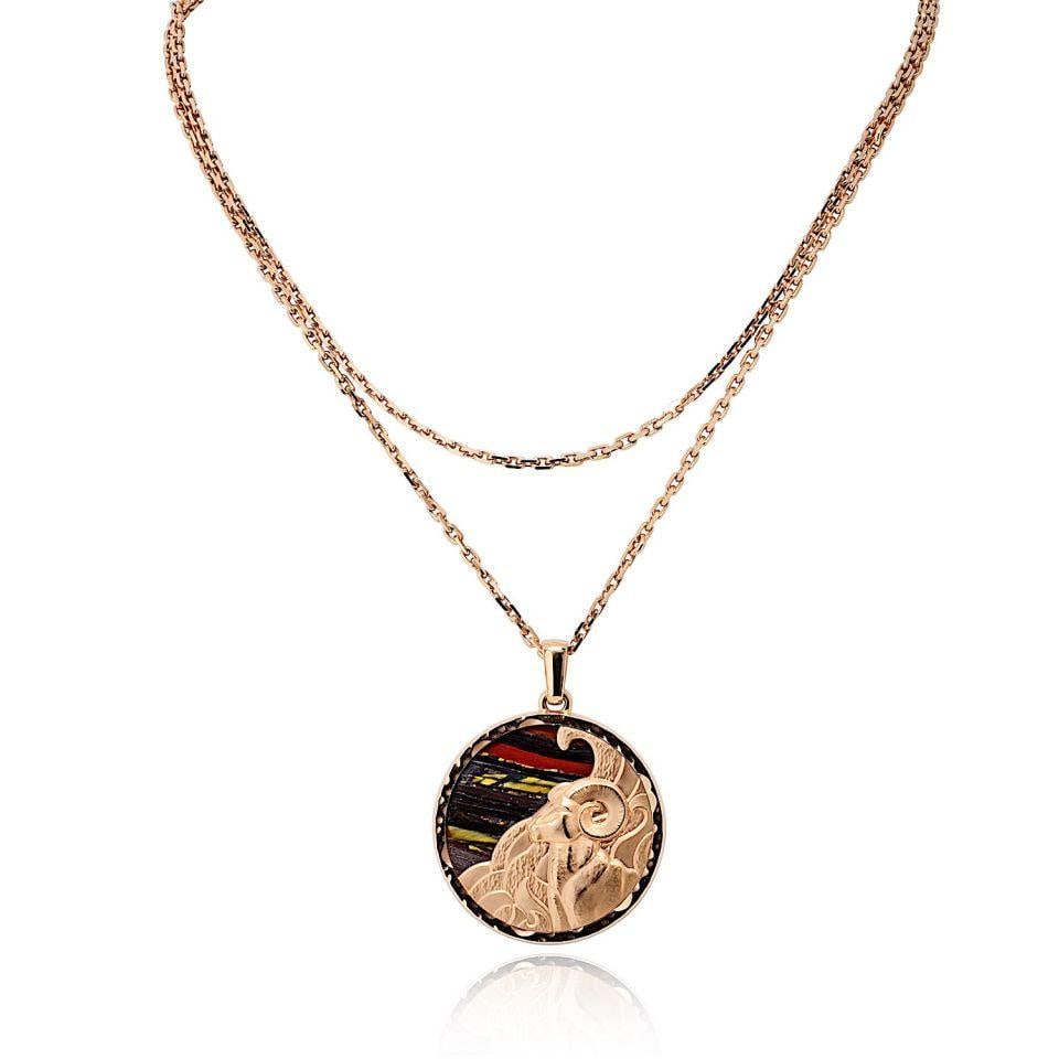 Van Cleef & Arpels Aries 18K Rose Gold Pendant 34 inch Chain: Van Cleef & Arpels Aries 18K Rose Gold Pendant 34 inch Chain This Van Cleef & Arpels Zodiac "Aries" medallion pendant is exquisitely crafted from 18K rose gold and features a richly textured Aries mot