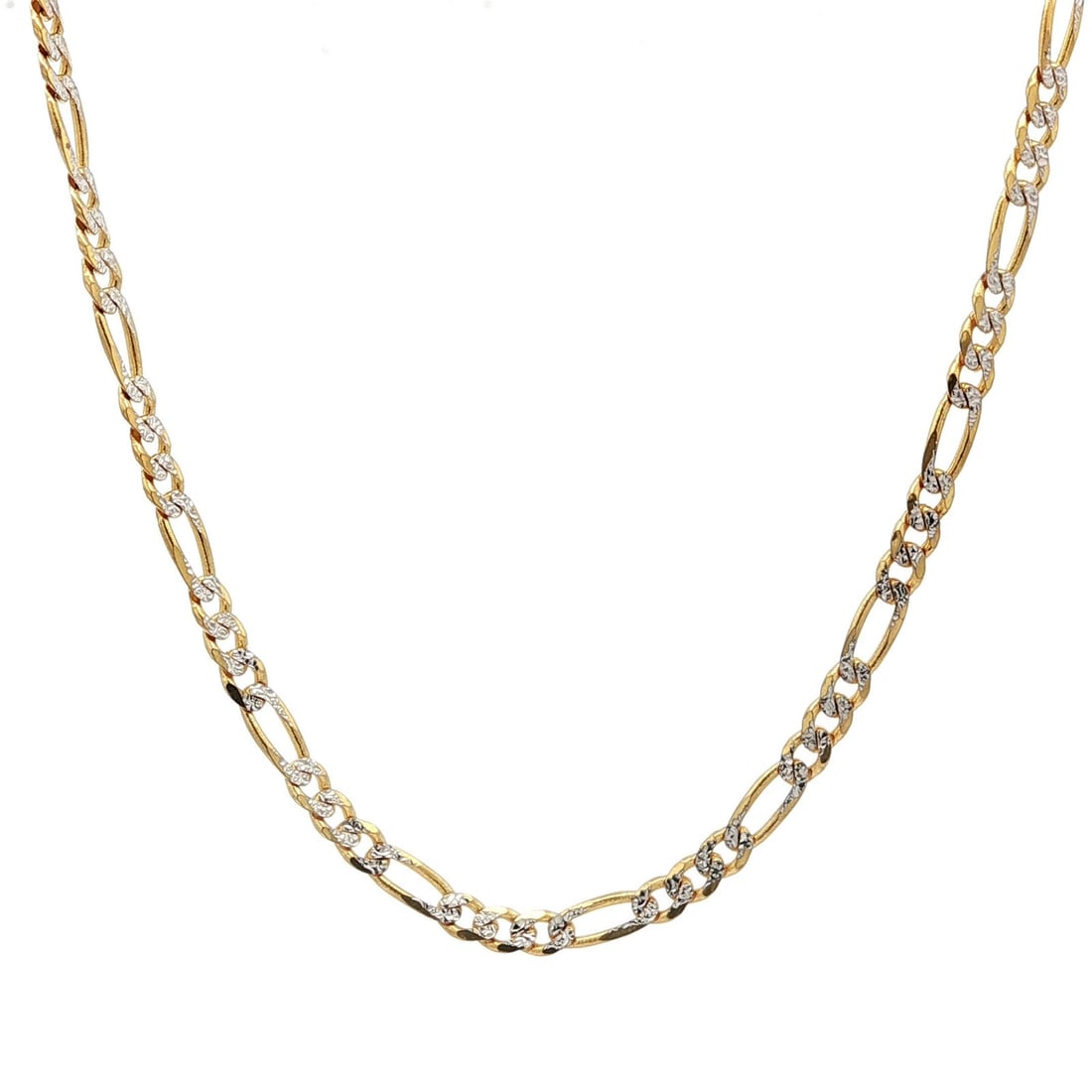 Italian 14k Yellow White Gold 16 Inch Figaro Chain Diamond Cut Unisex Necklace: Italian 14k Yellow White Gold 16 Inch Figaro Chain Diamond Cut Unisex Necklace This unisex Italian necklace features a 2.9mm wide Figaro link chain crafted from solid 14k yellow and white gold. The di