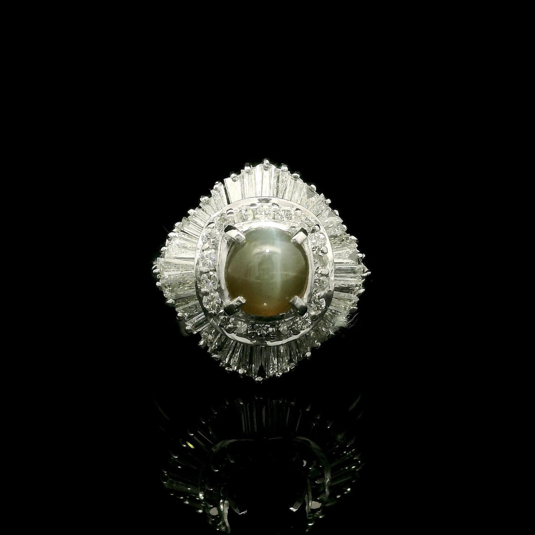 Platinum 3.13ctw Cat's Eye Diamond Double Halo Ballerina Ring: Platinum 3.13ctw Cat's Eye Diamond Double Halo Ballerina Ring This stunning cocktail ring showcases an exquisite design featuring a natural genuine Cat's Eye stone, elegantly set in a prong setting. T