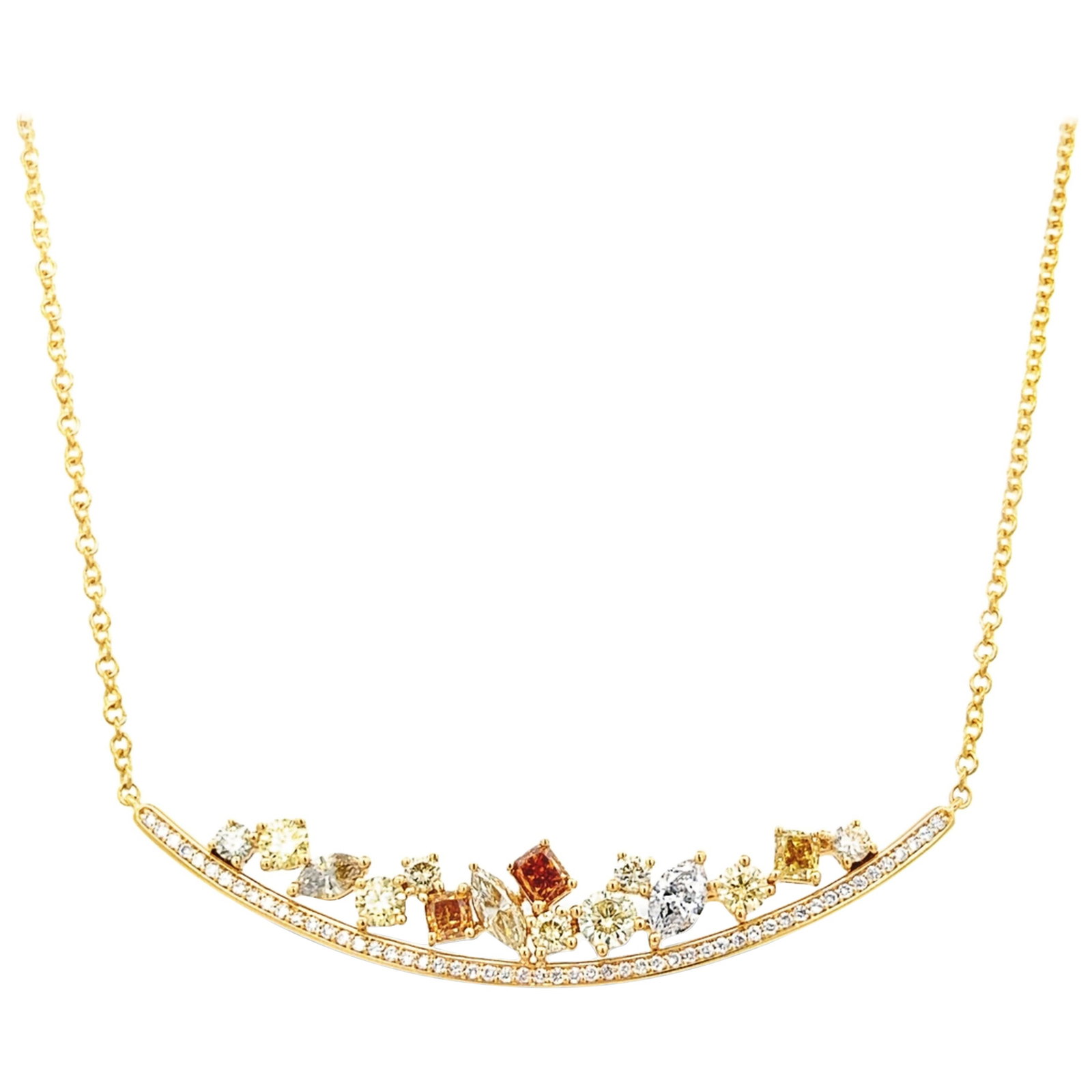 3.04ct Multi Color Diamond Pendant in 18k Gold: 3.04ct Multi Color Diamond Pendant in 18k Gold This stunning pendant necklace features a captivating 3.04ct multi-color diamond design set in luxurious 18k yellow gold. The exquisite heart-shaped fanc