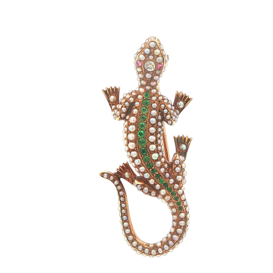 Riker Bros Salamander Lizard Brooch 13-14k Yellow Gold Seed Pearl Diamond: Riker Bros Salamander Lizard Brooch 13-14k Yellow Gold Seed Pearl Diamond This antique brooch is crafted in solid 13-14k yellow gold and features a salamander or lizard design adorned with numerous ge