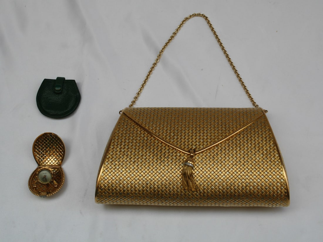 Vintage French 1900 18K Gold Diamond Purse with Pocket Watch: Vintage French 1900 18K Gold Diamond Purse with Pocket Watch Discover a stunning piece of history with this exquisite French early 1900's 18K gold and diamond lady's purse integrated with a pocket wat