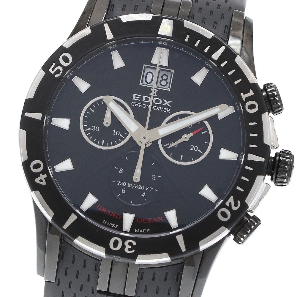EDOX Grand Ocean quartz chronograph diver big date wristwatch: EDOX Grand Ocean quartz chronograph diver big date wristwatch This EDOX Grand Ocean Chronograph Diver Big Date Quartz wristwatch is a pre-owned men's timepiece featuring a stainless steel case and a b