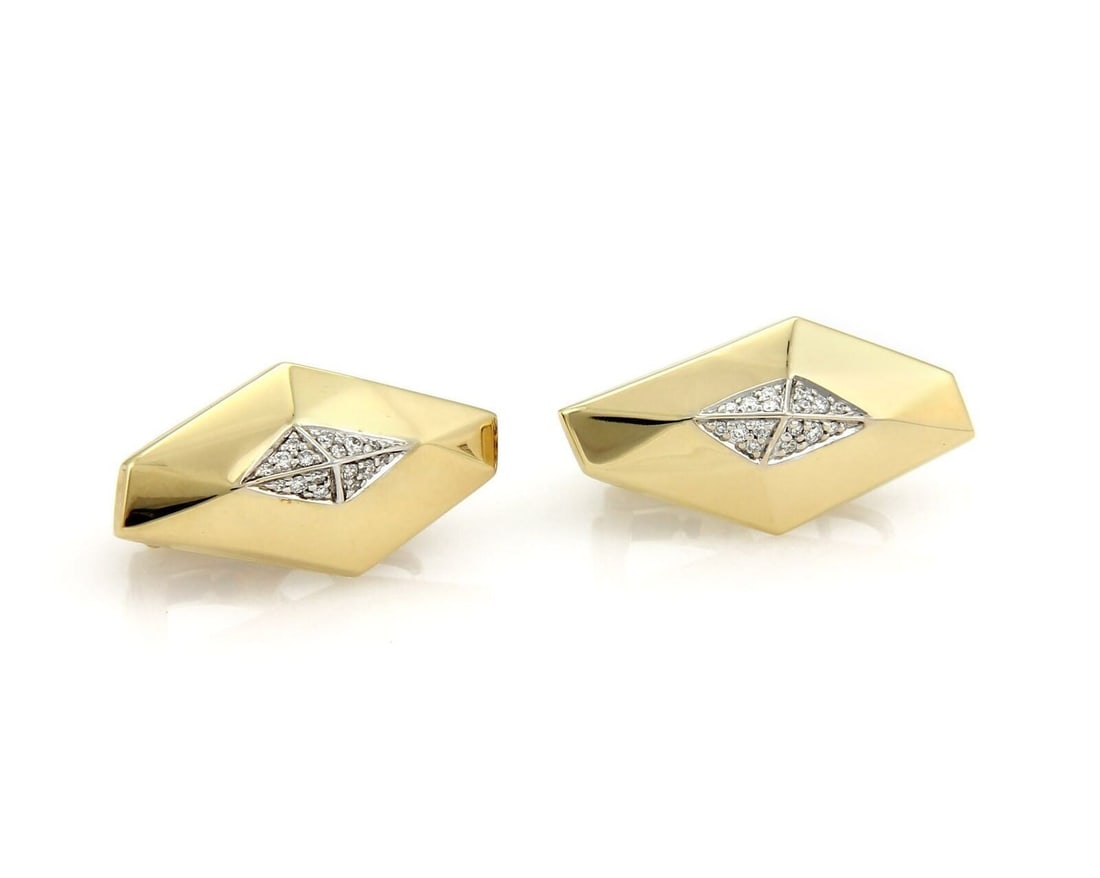 Roberto Coin Diamond Geometric Stud Earrings in 18k Yellow Gold: Roberto Coin Diamond Geometric Stud Earrings in 18k Yellow Gold Elegant designer stud earrings crafted in 18k yellow gold with a geometric silhouette and diamond accents at the center. The pair is pre