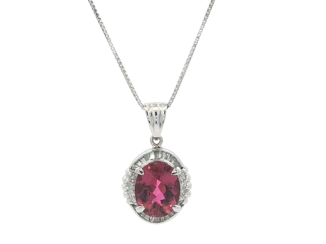 Platinum Necklace with Pink Oval Tourmaline and Diamond Pendant 17 Inch Length: Platinum Necklace with Pink Oval Tourmaline and Diamond Pendant 17 Inch Length This 17-inch box link necklace features a striking pendant crafted in solid .950 platinum, with a pendant in .880+ platin